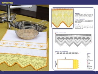 Barradinhos



                                                 Materiais
                                                 1 novelo de linha Cléa da Círculo na cor
                                                 amarelo nº 4448; sobras de linha na cor
                                                 laranja; ag. para crochê nº 3 (1,25 mm).

                                                 Pontos empregados
                                                 Correntinha (corr.). Ponto baixíssimo
                                                 (p.bx.). Ponto alto (p.a.). Ponto baixo (p.b.).
                                                 Ponto fantasia.

                                                 Execução
                                                 Caseie o pano de copa com 1 carr. de
                                                 p.b. Da 1ª carr. em diante, siga o gráﬁco,
                                                 totalizando 69 carr.


                Gráfico 1 - ponto fantasia




                Gráfico 2 - Bico de acabamento

                                                                                Legenda
                                                                                    p.a

                                                                                    p.b.




                                        66 cm
                                                                                    corr.

                                                                                    p.bx.

                                                                                    ponto fantasia
              Modo de armar




                                                                                    início
                              48 cm




                                                                                    rem.

                                                                                    picô

                                                                                    4 p.a. juntos
                                                                                    1 p.a.,
                                                                                    1 corr., 1 p.a.




12                                                                                                    13
 