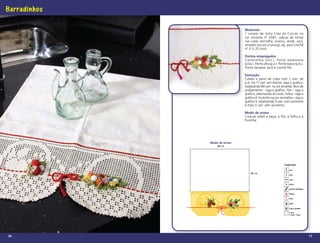 Barradinhos

                              Materiais
                              1 novelo de linha Cléa da Círculo na
                              cor amarela nº 3581; sobras de linhas
                              nas cores vermelha, branca, verde, azul,
                              amarelo escuro e laranja; ag. para crochê
                              nº 3 (1,25 mm).

                              Pontos empregados
                              Correntinha (corr.). Ponto baixíssimo
                              (p.bx.). Ponto alto (p.a.). Ponto baixo (p.b.).
                              Ponto fantasia: picô e crochê ﬁlé.

                              Execução
                              Caseie o pano de copa com 1 carr. de
                              p.b. Da 1ª carr. em diante, siga o gráﬁco,
                              totalizando 84 carr. na cor amarela. Bico de
                              acabamento – siga o gráﬁco. Flor – siga o
                              gráﬁco, alternando as cores. Folha - siga o
                              gráﬁco 4. Frutinha na cor vermelha – siga o
                              gráﬁco 5, totalizando 5 carr. com aumento
                              e mais 3 carr. sem aumento.

                              Modo de armar
                              Costure sobre a peça, a ﬂor, a folha e a
                              frutinha.




              Modo de armar
                  48 cm




                                                             Legenda
                                                                 p.a
                                  66 cm
                                                                 p.b.

                                                                 corr.

                                                                 p.bx.

                                                                 ponto fantasia

                                                                 início

                                                                 rem.

                                                                 picô

                                                                 4 p.a. juntos
                                                                 1 p.a.,
                                                                 1 corr., 1 p.a.




16                                                                                 17
 