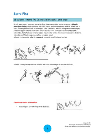 Barra Fixa
15 Valores ‐ Barra fixa (à altura da cabeça) ou Banzo
De pé, segurando a barra em pronação, 2 ou 3 passos corridos, juntar as pernas e báscula
para apoio facial (subida de bicos). Fechar o corpo, puxando os pés até à barra, deixar que a
bacia passe a perpendicular da barra para fazer a abertura. Báscula enérgica lançando os pés
para cima e para a frente ao mesmo tempo puxar a barra com as mãos mantendo os MS
estendidos. Peito fechado durante todo o movimento, tentar elevar os ombros acima da barra.
Extensão dos MS e travagem para ficar em apoio facial.
Balanço à retaguarda, volta à retaguarda em apoio facial (volta de barriga)

Balanço à retaguarda e saída de balanço por baixo para chegar de pé, dorsal à barra.

Elementos Novos a Trabalhar


Báscula para apoio facial (subida de bicos)

Adaptado de
Federação de Ginástica de Portugal
Programa de Exercícios Obrigatórios GAF

7

 