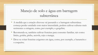 Manejo de solo e água em barragem
subterrânea
• A medida que a estação chuvosa vai passando e a barragem subterrânea
começa perder umidade com maior intensidade, podem cultivar culturas mais
resistentes a estiagem, como, por exemplo, o gergelim;
• Recomenda-se, também cultivar fruteiras para consumo familiar, tais como:
limão, goiaba, pinha, acerola, caju e manga;
• Deve-se evitar fruteiras exigentes em água, como, por exemplo, a bananeira e
o coqueiro;
 