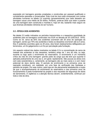 C/SS/BARRAGENS:2 ACIDENTES 2006.doc 3
exposição em barragens grandes projetadas e construídas por pessoal qualificado e
corretamente operadas e conservadas. Este nível de risco está comparado com outras
atividades humanas na tabela 2.4 supondo (grosseiramente) que cada desastre em
barragem causa uma média de 50 óbitos. Portanto, pode-se dizer que estar a jusante
de uma barragem bem construída e mantida é, hoje em dia, bastante mais seguro do
que diversas atividades rotineiras do ser humano.
2.2 - ÉPOCA DOS ACIDENTES
Na tabela 2.5 estão indicados os períodos transcorridos e a respectiva quantidade de
acidentes para as barragens construídas nos EUA na década de 20 (USCOLD, 1975).
Como se vê, cerca de 83% dos acidentes ocorreram até 20 anos de operação da
barragem, sendo que 75% dos acidentes e todos os desastres ocorreram até os 5 anos.
Dos 4 acidentes ocorridos após os 20 anos, dois foram deslizamentos deflagrados por
terremotos, um foi galgamento e um foi por percolação pela fundação.
Um aspecto notável dos dados mostrados na tabela 2.5 é a concentração de cerca de
metade dos acidentes (e dos desastres, também) antes de 1 ano de vida, ou seja,
durante ou logo após o enchimento do reservatório. O enchimento é um momento
crítico da vida de uma barragem: grande parte da carga que ela terá que suportar é
aplicada praticamente de uma vez e, em geral, rapidamente. São poucas as obras civis
com esta característica e, certamente, as barragens são as mais caras e e com maior
potencial de dano dentre elas. O período de enchimento e os primeiros anos de
operação constituem, em realidade, em uma fase de verificação das hipóteses e
partidos de projeto. Por este motivo, está hoje em dia plenamente estabelecida a noção
de que o acompanhamento do enchimento do reservatório e dos primeiros anos de
funcionamento é parte fundamental do projeto e dos requisitos de segurança de obras
de barramento. A vigilância e a atenção técnica devem, evidentemente, continuar por
toda a vida da obra.
 