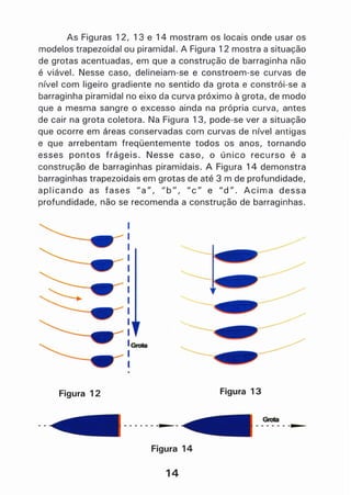 As Figuras 12, 13 e 14 mostram os locais onde usar os
modelos trapezoidal ou piramidal. A Figura 12 mostra a situação
de gratas acentuadas, em que a construção de barraginha não
é viável. Nesse caso, delineiam-se e constroem-se curvas de
nível com ligeiro gradiente no sentido da grota e constrói-se a
barraginha piramidal no eixo da curva próximo à grata, de modo
que â mesma sangre o excesso ainda na própria curva, antes
de cair na grata coletora. Na Figura 13, pode-se ver a situação
que ocorre em áreas conservadas com curvas de nível antigas
e que arrebentam freqüentemente todos os anos, tornando
esses pontos frágeis. Nesse caso, o único recurso é a
construção de barraginhas piramidais. A Figura 14 demonstra
barraginhas trapezoidais em gratas de até 3 m de profundidade,
aplicando as fases "a", IIb'·', IIC" e IJd". Acima dessa
profundidade, não se recomenda a construção de barraginhas.
Figura 12
GnJIa
I
I
- -- - - - -----
Figura 14
14
Figura 13
GroIa
- - - -- -----
 