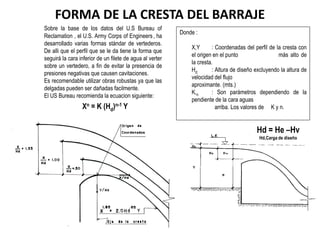 FORMA DE LA CRESTA DEL BARRAJE
Sobre la base de los datos del U.S Bureau of
Reclamation , el U.S. Army Corps of Engineers , ha
desarrollado varias formas stándar de vertederos.
De alli que el perfil que se le da tiene la forma que
seguirá la cara inferior de un filete de agua al verter
sobre un vertedero, a fin de evitar la presencia de
presiones negativas que causen cavitaciones.
Es recomendable utilizar obras robustas ya que las
delgadas pueden ser dañadas facilmente.
El US Bureau recomienda la ecuacion siguiente:
Xn = K (Hd)n-1 Y
Donde :
X,Y : Coordenadas del perfil de la cresta con
el origen en el punto más alto de
la cresta.
Hd : Altura de diseño excluyendo la altura de
velocidad del flujo
aproximante. (mts.)
K,n : Son parámetros dependiendo de la
pendiente de la cara aguas
arriba. Los valores de K y n.
Hd = He –Hv
Hd,Carga de diseño
 