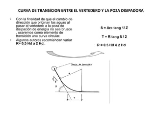 CURVA DE TRANSICION ENTRE EL VERTEDERO Y LA POZA DISIPADORA
• Con la finalidad de que el cambio de
dirección que originan las aguas al
pasar el vertedero a la poza de
disipación de energía no sea brusco
, usaremos como elemento de
transición una curva circular.
• Algunos autores recomiendan variar
R= 0.5 Hd a 2 Hd.
ß = Arc tang 1/ Z
T = R tang ß / 2
R = 0.5 Hd ó 2 Hd
 
