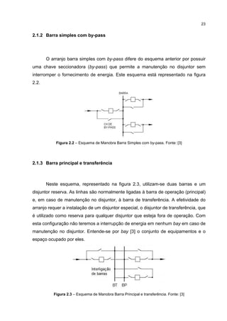 23


2.1.2 Barra simples com by-pass




       O arranjo barra simples com by-pass difere do esquema anterior por possuir
uma chave seccionadora (by-pass) que permite a manutenção no disjuntor sem
interromper o fornecimento de energia. Este esquema está representado na figura
2.2.




           Figura 2.2 – Esquema de Manobra Barra Simples com by-pass. Fonte: [3]




2.1.3 Barra principal e transferência



       Neste esquema, representado na figura 2.3, utilizam-se duas barras e um
disjuntor reserva. As linhas são normalmente ligadas à barra de operação (principal)
e, em caso de manutenção no disjuntor, à barra de transferência. A efetividade do
arranjo requer a instalação de um disjuntor especial, o disjuntor de transferência, que
é utilizado como reserva para qualquer disjuntor que esteja fora de operação. Com
esta configuração não teremos a interrupção de energia em nenhum bay em caso de
manutenção no disjuntor. Entende-se por bay [3] o conjunto de equipamentos e o
espaço ocupado por eles.




          Figura 2.3 – Esquema de Manobra Barra Principal e transferência. Fonte: [3]
 