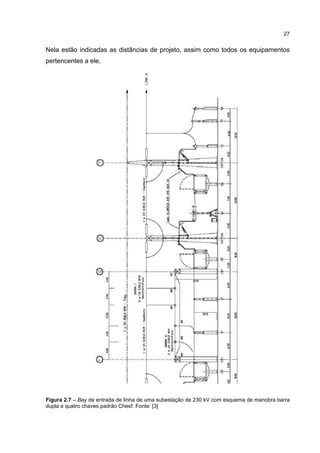 27


Nela estão indicadas as distâncias de projeto, assim como todos os equipamentos
pertencentes a ele.




Figura 2.7 – Bay de entrada de linha de uma subestação de 230 kV com esquema de manobra barra
dupla a quatro chaves padrão Chesf. Fonte: [3]
 