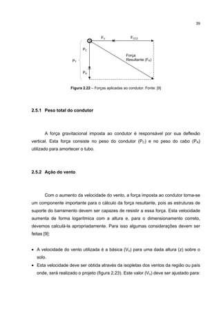 39


                                      FV               FCC2


                           PC
                                                     Força
                     PT                              Resultante (FR)


                           PA



                    Figura 2.22 – Forças aplicadas ao condutor. Fonte: [9]




2.5.1 Peso total do condutor




        A força gravitacional imposta ao condutor é responsável por sua deflexão
vertical. Esta força consiste no peso do condutor (PC) e no peso do cabo (PA)
utilizado para amortecer o tubo.




2.5.2 Ação do vento




        Com o aumento da velocidade do vento, a força imposta ao condutor torna-se
um componente importante para o cálculo da força resultante, pois as estruturas de
suporte do barramento devem ser capazes de resistir a essa força. Esta velocidade
aumenta de forma logarítmica com a altura e, para o dimensionamento correto,
devemos calculá-la apropriadamente. Para isso algumas considerações devem ser
feitas [9]:


• A velocidade do vento utilizada é a básica (Vo) para uma dada altura (z) sobre o
   solo.
• Esta velocidade deve ser obtida através da isopletas dos ventos da região ou país
   onde, será realizado o projeto (figura 2.23). Este valor (Vo) deve ser ajustado para:
 