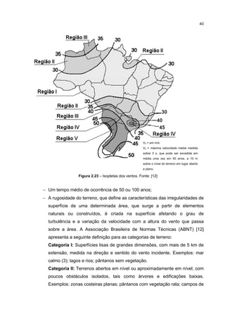 40




                                                       V0 = em m/s
                                                       V0 = máxima velocidade média medida
                                                       sobre 3 s, que pode ser excedida em
                                                       média uma vez em 50 anos, a 10 m
                                                       sobre o nível do terreno em lugar aberto
                                                       e plano.

                 Figura 2.23 – Isopletas dos ventos. Fonte: [12]


− Um tempo médio de ocorrência de 50 ou 100 anos;
− A rugosidade do terreno, que define as características das irregularidades de
  superfície de uma determinada área, que surge a partir de elementos
  naturais ou construídos, é criada na superfície afetando o grau de
  turbulência e a variação da velocidade com a altura do vento que passa
  sobre a área. A Associação Brasileira de Normas Técnicas (ABNT) [12]
  apresenta a seguinte definição para as categorias de terreno:
  Categoria I: Superfícies lisas de grandes dimensões, com mais de 5 km de
  extensão, medida na direção e sentido do vento incidente. Exemplos: mar
  calmo (3); lagos e rios; pântanos sem vegetação.
  Categoria II: Terrenos abertos em nível ou aproximadamente em nível, com
  poucos obstáculos isolados, tais como árvores e edificações baixas.
  Exemplos: zonas costeiras planas; pântanos com vegetação rala; campos de
 