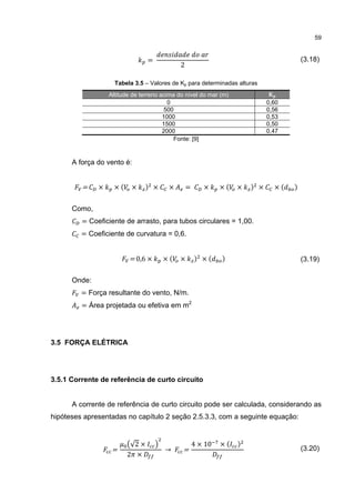 59


                                 =
                                             2
                                                                                        (3.18)


                    Tabela 3.5 – Valores de Kp para determinadas alturas
                  Altitude de terreno acima do nível do mar (m)
                                         0                                   0,60
                                        500                                  0,56
                                       1000                                  0,53
                                       1500                                  0,50
                                       2000                                  0,47
                                           Fonte: [9]


      A força do vento é:


         =    ×     ×(    ×    ) ×      ×        =      ×     ×(   ×   ) ×     ×(   )


      Como,
         = Coeficiente de arrasto, para tubos circulares = 1,00.
         = Coeficiente de curvatura = 0,6.


                         = 0,6 ×      ×(    ×        ) ×(     )                         (3.19)

      Onde:
         = Força resultante do vento, N/m.
         = Área projetada ou efetiva em m2




3.5 FORÇA ELÉTRICA




3.5.1 Corrente de referência de curto circuito


      A corrente de referência de curto circuito pode ser calculada, considerando as
hipóteses apresentadas no capítulo 2 seção 2.5.3.3, com a seguinte equação:


                          √2 ×                       4 × 10   ×(   )
                   =                   →      =
                         2 ×
                                                                                        (3.20)
 