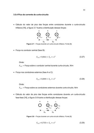 63


3.5.4 Pico da corrente de curto-circuito




• Cálculo do valor de pico das forças entre condutores durante o curto-circuito
  trifásico [16], a figura 3.7 ilustra a distribuição dessas forças:
                                 a                b                    c


                                     Fcc1             Fcc2                 Fcc1

                                      Dff          Dff
                Figura 3.7 – Forças durante um curto-circuito trifásico. Fonte [9].



• Força no condutor central (fase B):


                                     = 0,866 ×               ×                        (3.27)

      Onde:
           = Força sobre o condutor central durante curto-circuito, N/m


• Força nos condutores externos (fase A e C):


                                     = 0,808 ×               ×                        (3.28)

      Onde:
           = Força sobre os condutores externos durante curto-circuito, N/m


• Cálculo do valor de pico das forças entre condutores durante um curto-circuito
  fase-fase [16], a figura 3.8 ilustra a distribuição dessas forças:
                                     a            b                c

                                                         Ib2                Ic2
                                                      Fcc2             Fcc1

                                            Dff              Dff

                Figura 3.8 – Forças durante um curto-circuito bifásico. Fonte [9].



                                     = 0,750 ×               ×                        (3.29)
 