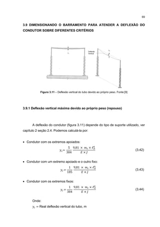69


3.9 DIMENSIONANDO O BARRAMENTO PARA ATENDER A DEFLEXÃO DO
CONDUTOR SOBRE DIFERENTES CRITÉRIOS




            Figura 3.11 – Deflexão vertical do tubo devido ao próprio peso. Fonte:[9]




3.9.1 Deflexão vertical máxima devido ao próprio peso (repouso)




      A deflexão do condutor (figura 3.11) depende do tipo de suporte utilizado, ver
capítulo 2 seção 2.4. Podemos calculá-la por:


• Condutor com os extremos apoiados:
                                    5 9,81 ×   ×ℓ
                            y=
                                   384       ×
                                                                                        (3.42)


• Condutor com um extremo apoiado e o outro fixo:
                                    1 9,81 ×   ×ℓ
                               =
                                   185       ×
                                                                                        (3.43)


• Condutor com os extremos fixos:
                                    1 9,81 ×   ×ℓ
                               =
                                   384       ×
                                                                                        (3.44)


      Onde:
         = Real deflexão vertical do tubo, m
 