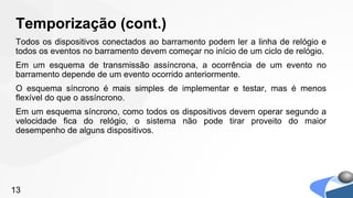 Temporização (cont.)
Todos os dispositivos conectados ao barramento podem ler a linha de relógio e
todos os eventos no barramento devem começar no início de um ciclo de relógio.
Em um esquema de transmissão assíncrona, a ocorrência de um evento no
barramento depende de um evento ocorrido anteriormente.
O esquema síncrono é mais simples de implementar e testar, mas é menos
flexível do que o assíncrono.
Em um esquema síncrono, como todos os dispositivos devem operar segundo a
velocidade fica do relógio, o sistema não pode tirar proveito do maior
desempenho de alguns dispositivos.




13
 