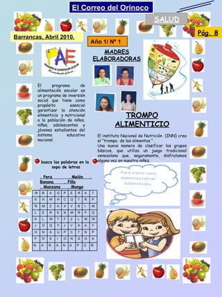 SALUD El programa de alimentación escolar es un programa de inversión social que tiene como propósito esencial garantizar la atención alimenticia  y nutricional a la población de niños, niñas, adolescentes y jóvenes estudiantes del sistema educativo nacional. busca las palabras en la  sopa de letras . Pera  . Melón  . Banana  . Piña . Manzana  . Mango   MADRES ELABORADORAS TROMPO ALIMENTICIO El instituto Nacional de Nutrición  (INN) creo el “trompo  de los alimentos “ . Una nueva manera de clasificar los grupos básicos, que utiliza un juego tradicional venezolano que, seguramente, disfrutamos alguna vez en nuestra niñez. Pág. 8 Barrancas, Abril 2010. Año 1/ Nº 1 El Correo del Orinoco Mi Niño Simón W B A G P E R A T K H M H C Q T Ñ P Ñ M Z A X V B I M L E R E N M Ñ P Q K L W T F Z L M W J O Q Y J V A A Y H N A U P C T N P F D S I O N D G A B A N A N A P O Ñ 