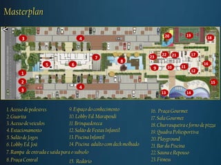 Masterplan

                                                                             20                19
       3                            4                                                                     18


                                                                           22        21             17
                                            7                         23
                                                         8                                               16
                   5            6                                               10        11
                                                                       9
                                                                                                    12
       1
       2                                                                                                      15
                                    4
       3                                                                   13                  14


1. Acesso de pedestres          9. Espaço do conhecimento             16. Praça Gourmet
2. Guarita                      10. Lobby Ed. Marapendi               17. Sala Gourmet
3. Acesso de veículos           11. Brinquedoteca                     18. Churrasqueira e forno de pizza
4. Estacionamento               12. Salão de Festas Infantil          19. Quadra Poliesportiva
5. Salão de Jogos               13. Piscina Infantil                  20. Playground
6. Lobby Ed. Joá                14. Piscina adulto com deck molhado   21. Bar da Piscina
7. Rampa de entrada e saída para o subsolo                            22. Sauna e Repouso
8. Praça Central                15. Redário                           23. Fitness
 