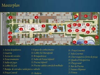 Masterplan

                                                                             20                19
       3                            4                                                                     18


                                                                           22        21             17
                                            7                         23
                                                         8                                               16
                   5            6                                               10        11
                                                                       9
                                                                                                    12
       1
       2                                                                                                      15
                                    4
       3                                                                   13                  14


1. Acesso de pedestres          9. Espaço do conhecimento             16. Praça Gourmet
2. Guarita                      10. Lobby Ed. Marapendi               17. Sala Gourmet
3. Acesso de veículos           11. Brinquedoteca                     18. Churrasqueira e forno de pizza
4. Estacionamento               12. Salão de Festas Infantil          19. Quadra Poliesportiva
5. Salão de Jogos               13. Piscina Infantil                  20. Playground
6. Lobby Ed. Joá                14. Piscina adulto com deck molhado   21. Bar da Piscina
7. Rampa de entrada e saída para o subsolo                            22. Sauna e Repouso
8. Praça Central                15. Redário                           23. Fitness
 
