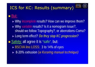 ICS for KC: Results (summary)
                     summary)
   But:
    ►Why incomplete results? How can we improve them?
    ►Why variable results? Is it a nomogram issue?,
     should we follow Topography?, or aberrations-Coma?
                                       aberrations-
    ►Long term effect? Do they stop KC progression?

   Safety: all agree it is “safe”, but:
    ►BSCVA  line LOSS: 3 to 14% of eyes
    ► 8-20% extrusion (w Keraring manual technique)
 
