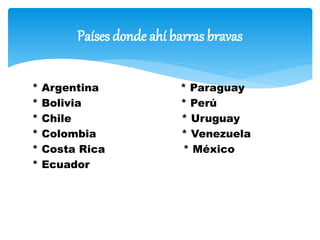 * Argentina * Paraguay
* Bolivia * Perú
* Chile * Uruguay
* Colombia * Venezuela
* Costa Rica * México
* Ecuador
Países donde ahí barras bravas
 