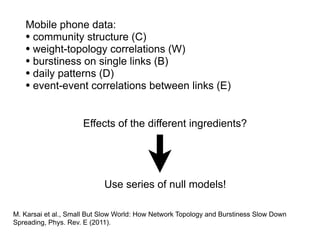 M. Karsai et al., Small But Slow World: How Network Topology and Burstiness Slow Down
Spreading, Phys. Rev. E (2011).
Mobi...