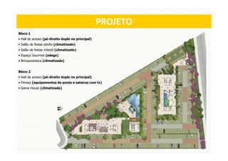 MASTERPLAN
                                                   PROJETO
Bloco 1
• Hall de acesso (pé-direito duplo no principal)
• Salão de festas adulto (climatizado)
• Salão de festas infantil (climatizado)
• Espaço Gourmet (adega)
• Brinquedoteca (climatizado)


Bloco 2
• Hall de acesso (pé-direito duplo no principal)
• Fitness (equipamentos de ponta e esteiras com tv)
• Game House (climatizado)
 