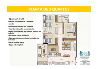 PLANTA DE 3 QUARTOS

• 3Q colunas 4, 5, 9, 10
• 3 suítes utilizando o wc canadense.
• Lavabo
• Previsão de bancada nas varandas
• Varandas integradas com a cozinha
• Sala e circulação em porcelanato, quartos em
cerâmica
• Áreas frias 100% revestidas
• Água quente nos chuveiros e bancadas dos
banheiros
• Opção cozinha aberta
• Opção sala ampliada
 
