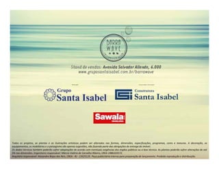 Todos os projetos, as plantas e as ilustrações artísticas podem ser alterados nas formas, dimensões, especificações, programas, cores e texturas. A decoração, os 
equipamentos, os mobiliários e o paisagismo são apenas sugestões, não fazendo parte das obrigações de entrega do imóvel. 
Os dados técnicos também poderão sofrer adaptações de acordo com eventuais exigências dos órgãos públicos ou a boa técnica. As plantas poderão sofrer alterações de até 
5% nas dimensões. Engenheiro responsável: Márcio Valério de Carvalho Ribeiro, CREA 1986103572. 
Arquiteto responsável: Alexandre Bispo dos Reis, CREA - RJ - 135251/D. Peça publicitária interna para preparação de lançamento. Proibida reprodução e distribuição. 
