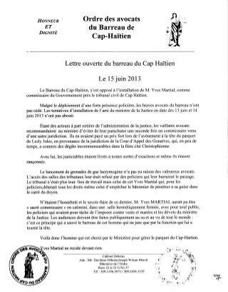 Lettre ouverte du Barreau de Cap-Haïtien.-- 15 juin 2013.