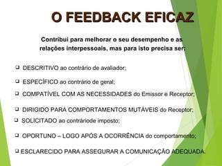 O FEEDBACK EFICAZO FEEDBACK EFICAZ
Contribui para melhorar o seu desempenho e as
relações interpessoais, mas para isto precisa ser:
 DESCRITIVO ao contrário de avaliador;
 ESPECÍFICO ao contrário de geral;
 COMPATÍVEL COM AS NECESSIDADES do Emissor e Receptor;
 DIRIGIDO PARA COMPORTAMENTOS MUTÁVEIS do Receptor;
 SOLICITADO ao contráriode imposto;
 OPORTUNO – LOGO APÓS A OCORRÊNCIA do comportamento;
 ESCLARECIDO PARA ASSEGURAR A COMUNICAÇÃO ADEQUADA.
 