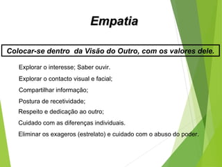 EmpatiaEmpatia
Colocar-se dentro da Visão do Outro, com os valores dele.
Explorar o interesse; Saber ouvir.
Explorar o contacto visual e facial;
Compartilhar informação;
Postura de recetividade;
Respeito e dedicação ao outro;
Cuidado com as diferenças individuais.
Eliminar os exageros (estrelato) e cuidado com o abuso do poder.
 