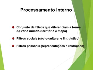 Conjunto de filtros que diferenciam a forma
de ver o mundo (território e mapa)
Filtros sociais (sócio-cultural e linguístico)
Filtros pessoais (representações e restrições)
Processamento Interno
 