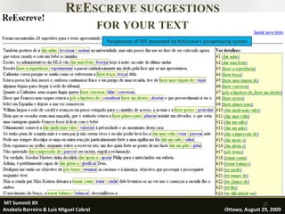 REESCREVE SUGGESTIONS
                                        FOR YOUR TEXT
                                         Paraphrases of SVC presented by ReEscreve’s paraphrasing system




MT Summit XII                                                                                               27
Anabela Barreiro & Luís Miguel Cabral                                                        Ottawa, August 29, 2009
 