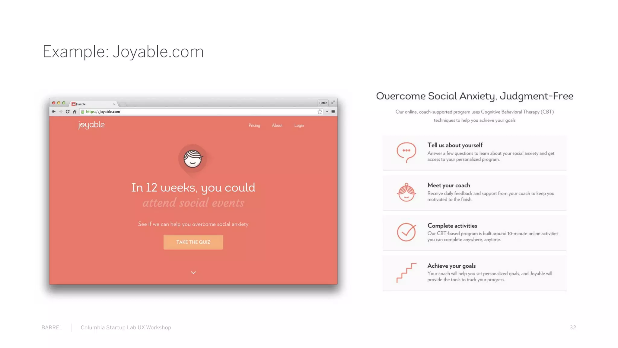 32BARREL Columbia Startup Lab UX Workshop
Example: Joyable.com
 