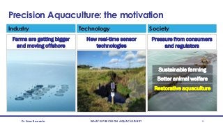 Dr Sara Barrento WHAT IS PRECISION AQUACULTURE? 9
Precision Aquaculture: the motivation
Pressure from consumers
and regulators
Sustainable farming
Better animal welfare
Restorative aquaculture
New real-time sensor
technologies
Farms are getting bigger
and moving offshore
Society
Technology
Industry
 