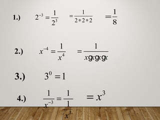 3
3
1
2
2
−
=1.)
1
2 2 2
=
∗ ∗
1
8
=
4
4
1
x
x
−
=2.)
1
x x x x
=
g g g
0
3 1=3.)
3
3
1 1
1x
x
−
=4.)
3
= x
 