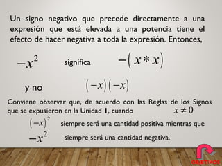 Un signo negativo que precede directamente a una
expresión que está elevada a una potencia tiene el
efecto de hacer negativa a toda la expresión. Entonces,
2
x− significa ( )x x− ∗
y no ( ) ( )x x− −
Conviene observar que, de acuerdo con las Reglas de los Signos
que se expusieron en la Unidad 1, cuando 0x ≠
( )
2
x− siempre será una cantidad positiva mientras que
2
x− siempre será una cantidad negativa.
OBJETIVOS
 