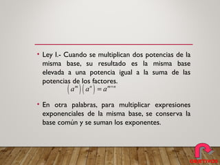 • Ley I.- Cuando se multiplican dos potencias de la
misma base, su resultado es la misma base
elevada a una potencia igual a la suma de las
potencias de los factores.
• En otra palabras, para multiplicar expresiones
exponenciales de la misma base, se conserva la
base común y se suman los exponentes.
( )( )m n m n
a a a +
=
OBJETIVOS
 