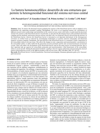REVISIÓN


      La barrera hematoencefálica: desarrollo de una estructura que
     permite la heterogeneidad funcional del sistema nervioso central
        J.M. Pascual-Garvi a, F. González-Llanos b, R. Prieto-Arribas c, S. Cerdán d, J.M. Roda c

                             BLOOD-BRAIN BARRIER: DEVELOPMENT OF A STRUCTURE WHICH SUPPORTS
                               THE FUNCTIONAL HETEROGENEITY OF THE CENTRAL NERVOUS SYSTEM
       Summary. Aims. To analyze the functional reasons justifying the existence of the blood-brain barrier with an emphasis on its
       fundamental role supporting neuroglial coupling. Development. We review in an integrated manner the contributions of
       different research areas in physiology and metabolism of the central nervous system which allow to understand the functional
       need for the existence of the blood-brain barrier. In particular, we describe the physiological basis of the metabolic-functional
       coupling and the metabolic interactions between neurons and glial cells, two properties directly derived from the presence of
       the blood-brain barrier. Likewise the blood-brain barrier is presented as an important determinant of the heterogeneous
       activation of cerebral tissue as detected by neuroimaging technologies as positron emission tomography and functional
       magnetic resonance imaging. Conclusions. The main function of the blood-brain barrier is to maintain a stable composition of
       the extracellular milieu in nervous tissue. This allows the changes in ionic composition and neurotransmitter concentration in
       the extracellular milieu, to reflect indirectly the generation of action potentials and the state of neurotransmission of neuronal
       circuits. Glial cells induce the development of the blood-brain barrier and are the main sensors of neuronal function, due to
       their important take up capacity for extracellular potassium and neurotransmitters. Glial homeostasis of the extracellular
       milieu is circuit-specific, limiting the functional-metabolic coupling to discrete regions of the brain and generating the classical
       pattern of heterogeneous activity in the different modules of the nervous tissue. [REV NEUROL 2004; 38: 565-81]
       Key words. Blood-brain barrier. Cerebral metabolism. Functional neuroimaging. Glutamate-glutamine-gaba cycle. Neuronal-
       glial interaction


INTRODUCCIÓN                                                                      larmente en las metástasis. Estas lesiones inducen, a través de
El sistema nervioso central (SNC) requiere para su funciona-                      factores angiogénicos, la formación rápida de nuevos vasos,
miento de un aporte continuo de sustratos energéticos –funda-                     que son necesarios para sostener su crecimiento continuo. Sin
mentalmente oxígeno y glucosa–, suministrados a través de                         embargo, estos neovasos carecen de BHE y generan una trasu-
una riquísima red de capilares sanguíneos, probablemente la                       dación de agua al tejido nervioso, o edema cerebral de origen
más compleja del organismo. Sin embargo, y aparentemente de                       vasogénico, cuya consecuencia más significativa es el consi-
forma paradójica, el medio interno del SNC se encuentra aisla-                    guiente incremento de la presión intracraneal, además de una
do con respecto a la circulación sanguínea por una estructura                     afectación específica de las funciones del área edematizada.
también única en el organismo: la denominada barrera hemato-                      También se ha reconocido en las dos últimas décadas que una
encefálica (BHE) [1-4]. Esta barrera se nos hace patente a los                    parte muy importante de las alteraciones fisiopatológicas ob-
especialistas clínicos cuando queremos tratar una patología                       servadas tanto en el daño cerebral traumático como en el isqué-
que afecta al SNC y, tras administrar un tratamiento farmacoló-                   mico se deben a la disfunción de la BHE y al edema asociado a
gico por vía intravascular (IV), nos encontramos con una au-                      dicha disfunción [7,8].
sencia de efecto terapéutico, ya que el fármaco no puede tras-                        Por tanto, los especialistas del sistema nervioso (SN) cono-
pasar dicha barrera [5]. Este es el caso, por ejemplo, de muchos                  cemos la existencia de la BHE y las consecuencias fisiopatoló-
antibióticos que, aunque sean los idóneos en la lucha contra el                   gicas de su disfunción –al menos de forma general–. Pero, ¿cuál
germen causal de una meningitis, no pueden escogerse por su                       es la razón fisiológica por la que el cerebro necesita mantenerse
imposibilidad de paso a través de la barrera; o el de la mayoría                  aislado del medio sanguíneo IV? ¿Por qué existe la BHE en el
de los citostáticos, de nula utilidad en la lucha contra los tumo-                SNC? En la mayoría de los textos sobre fisiología o patología
res primarios del SNC por la misma razón [6]. Por otro lado,                      del SNC se soslayan las respuestas a estas cuestiones. Aunque
los clínicos también conocemos los efectos de una disfunción                      se proporcionan muchos datos estructurales y funcionales sobre
de la BHE, tal y como se manifiestan en el edema cerebral aso-                    la barrera y se sugiere en cierta medida su necesidad para la
ciado a la mayoría de los tumores malignos del SNC, particu-                      protección del SNC frente a posibles moléculas tóxicas, queda
                                                                                  sin responder con precisión la razón por la que el SN se ha
                                                                                  hecho ‘impermeable’ al paso de moléculas. La idea de una
Recibido: 29.08.03. Recibido en versión revisada: 01.12.04. Aceptado: 02.12.04.   ‘toxicidad sanguínea’ para el cerebro no parece muy convincen-
a
 Servicio de Neurocirugía. Hospital Universitario de La Princesa. Madrid.         te, ya que el desarrollo evolutivo de una estructura biológica se
b
 Servicio de Neurocirugía. Hospital Virgen de la Salud. Toledo. c Servicio        realiza sobre la base de las ventajas selectivas de supervivencia
de Neurocirugía. Ciudad Sanitaria La Paz. d Laboratorio de Resonancia
Magnética Experimental. Instituto de Investigaciones Biomédicas. CSIC.
                                                                                  que proporcionan al organismo, y no a partir de una situación de
Madrid, España.                                                                   desventaja, como supondría la vulnerabilidad del tejido nervio-
Correspondencia: Dr. José María Pascual Garvi. Servicio de Neurocirugía.          so frente a cualquier agente potencialmente tóxico sanguíneo.
Hospital Universitario de la Princesa. Diego de León, 62. E-28006 Madrid.             El objetivo de este trabajo es tratar de exponer de una forma
E-mail: jmpasncj@hotmail.com.                                                     simple cuáles son las razones fisiológicas fundamentales de la
 2004, REVISTA DE NEUROLOGÍA                                                     existencia de la BHE en el tejido nervioso. Gracias a un conjun-


REV NEUROL 2004; 38 (6): 565-581                                                                                                               565
 