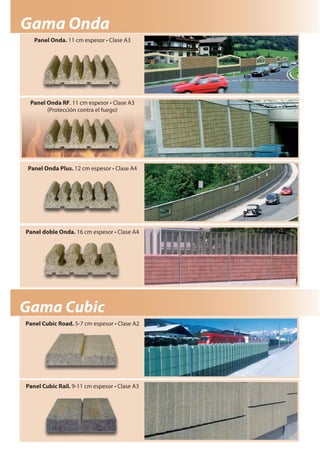 Gama onda
   Panel Onda. 11 cm espesor • Clase A3




 Panel Onda RF. 11 cm espesor • Clase A3
       (Protección contra el fuego)




Panel Onda Plus. 12 cm espesor • Clase A4




Panel doble Onda. 16 cm espesor • Clase A4




Gama cubic
Panel Cubic Road. 5-7 cm espesor • Clase A2




Panel Cubic Rail. 9-11 cm espesor • Clase A3
 