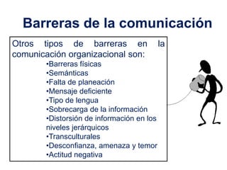 Barreras de la comunicación
Otros tipos de barreras en                  la
comunicación organizacional son:
        •Barreras físicas
        •Semánticas
        •Falta de planeación
        •Mensaje deficiente
        •Tipo de lengua
        •Sobrecarga de la información
        •Distorsión de información en los
        niveles jerárquicos
        •Transculturales
        •Desconfianza, amenaza y temor
        •Actitud negativa
 