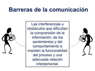 Barreras de la comunicación

         Las interferencias u
      obstáculos que dificultan
        la comprensión de la
         información, de los
          sentimientos y del
          comportamiento e
      impiden la funcionalidad
          del proceso y una
          adecuada relación
            interpersonal.
 
