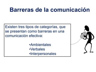 Barreras de la comunicación

Existen tres tipos de categorías, que
se presentan como barreras en una
comunicación efectiva:

              •Ambientales
              •Verbales
              •Interpersonales
 