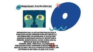 04 BARRERAS PSICOLÓGICAS
REPRESENTAN LA SITUACIÓN PSICOLÓGICA
PARTICULAR DEL EMISOR O RECEPTOR DE LA
INFORMACIÓN, OCASIONADA A VECES POR
AGRADO O RECHAZO HACIA EL RECEPTOR O
EMISOR, SEGÚN SEA EL CASO, O INCLUSO AL
MENSAJE QUE SE COMUNICA
(TEMOR, ODIO, TRISTEZA, ALEGRÍA) O A
PREJUICIOS PARA APROBAR O DESAPROBAR LO
QUE SE LE DICE, NO LEA LO QUE ESTÁ ESCRITO, NO
ENTIENDA O NO CREA LO QUE OYE O LEE.
 