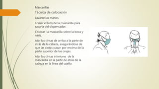 Mascarillas
Técnica de colocación
Lavarse las manos
Tomar el lazo de la mascarilla para
sacarla del dispensador.
Colocar la mascarilla sobre la boca y
nariz.
Atar las cintas de arriba a la parte de
atrás de la cabeza, asegurándose de
que las cintas pasan por encima de la
parte superior de las orejas.
Atar las cintas inferiores de la
mascarilla en la parte de atrás de la
cabeza en la línea del cuello.
 