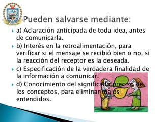 a) Aclaración anticipada de toda idea, antes de comunicarla.b) Interés en la retroalimentación, para verificar si el mensaje se recibió bien o no, si la reacción del receptor es la deseada.c) Especificación de la verdadera finalidad de la información a comunicar.d) Conocimiento del significado preciso de los conceptos, para eliminar malos entendidos.:     Pueden salvarse mediante: