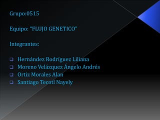 Grupo:0515

Equipo: “FLUJO GENETICO”

Integrantes:

   Hernández Rodríguez Liliana
   Moreno Velázquez Ángelo Andrés
   Ortiz Morales Alan
   Santiago Tecotl Nayely
 