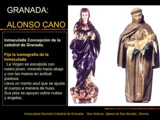 Inmaculada Sacristía Catedral de Granada San Antonio Iglesia de San Nicolás , Murcia
GRANADA:
ALONSO CANO
Inmaculada Concepción de la
catedral de Granada.
Fija la iconografía de la
Inmaculada
La Virgen es esculpida con
rostro joven, mirando hacia abajo
y con las manos en actitud
piadosa.
Lleva un manto azul que se ajusta
al cuerpo a manera de huso.
Sus pies se apoyan sobre nubes
y ángeles.
 