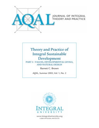 Theory and Practice of
    Integral Sustainable
       Development
PART 2 - VALUES, DEVELOPMENTAL LEVELS,
          AND NATURAL DESIGN
            Barrett C. Brown
     AQAL, Summer 2005, Vol. 1, No. 2




           ©2005 INTEGRAL INSTITUTE
 