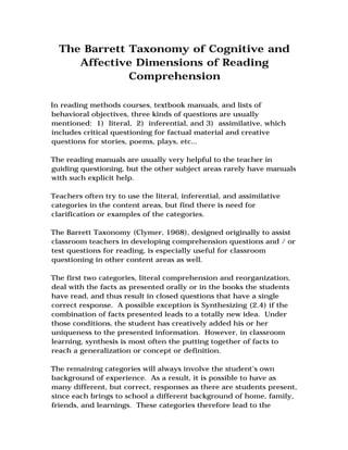 The Barrett Taxonomy of Cognitive and
     Affective Dimensions of Reading
              Comprehension

In reading methods courses, textbook manuals, and lists of
behavioral objectives, three kinds of questions are usually
mentioned: 1) literal, 2) inferential, and 3) assimilative, which
includes critical questioning for factual material and creative
questions for stories, poems, plays, etc...

The reading manuals are usually very helpful to the teacher in
guiding questioning, but the other subject areas rarely have manuals
with such explicit help.

Teachers often try to use the literal, inferential, and assimilative
categories in the content areas, but find there is need for
clarification or examples of the categories.

The Barrett Taxonomy (Clymer, 1968), designed originally to assist
classroom teachers in developing comprehension questions and / or
test questions for reading, is especially useful for classroom
questioning in other content areas as well.

The first two categories, literal comprehension and reorganization,
deal with the facts as presented orally or in the books the students
have read, and thus result in closed questions that have a single
correct response. A possible exception is Synthesizing (2.4) if the
combination of facts presented leads to a totally new idea. Under
those conditions, the student has creatively added his or her
uniqueness to the presented information. However, in classroom
learning, synthesis is most often the putting together of facts to
reach a generalization or concept or definition.

The remaining categories will always involve the student’s own
background of experience. As a result, it is possible to have as
many different, but correct, responses as there are students present,
since each brings to school a different background of home, family,
friends, and learnings. These categories therefore lead to the
 