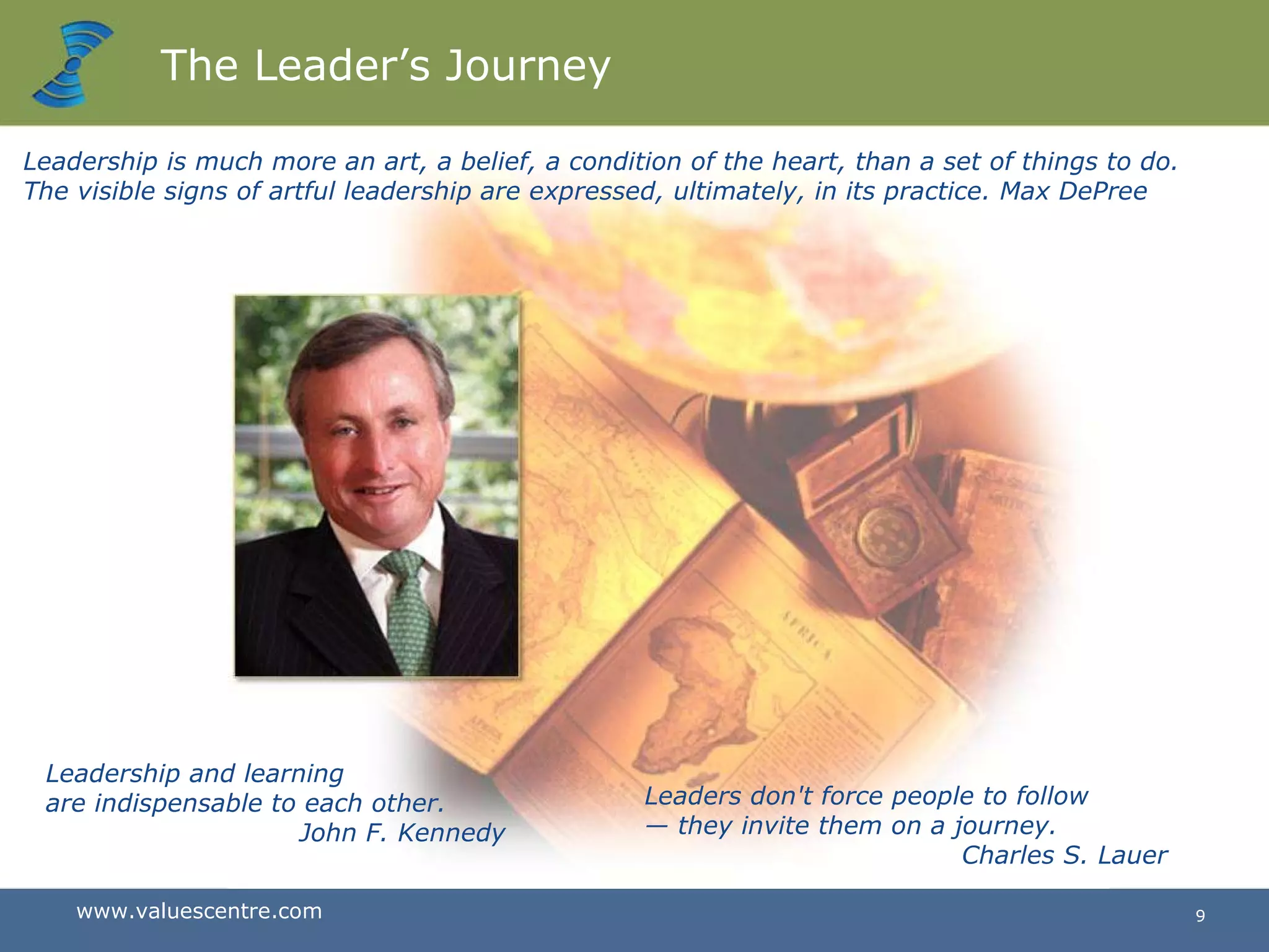 The Leader’s Journey Leadership and learning  are indispensable to each other. John F. Kennedy Leaders don't force people to follow — they invite them on a journey. Charles S. Lauer Leadership is much more an art, a belief, a condition of the heart, than a set of things to do.  The visible signs of artful leadership are expressed, ultimately, in its practice.  Max DePree 