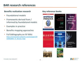 © Innovation Value Institute 2013
BAR research references
Benefits realization research
• Foundational models
• Frameworks derived from /
informed by foundational models
• Examples in practice
• Benefits mapping approaches
• Full bibliography on IVI Wiki:
https://iviinnovation.pbworks.com/w/page/139
55909/BAR_TC_Review_Page
11
Key reference books
 