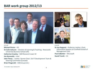 © Innovation Value Institute 2013
BAR work group 2012/13
(L to R)
Michael Porter – IVI
Dr Colin Ashurst – Director of Learning & Teaching - Newcastle
University Business School (UK)
Catherine Crowley – BAR Research Lead, IVI
Jim Kenneally – Intel
John Thorp – Author, former Chair, Val IT Development Team &
Steering Committee (Canada)
Brian Fitzgerald – AIB Group (ret.)
8
(L to R)
Dr Joe Peppard – Professor, Author; Chair,
Information Systems at Cranfield School of
Management (UK)
Paul Lidbetter – Microsoft
David Trevitt – IVI
 